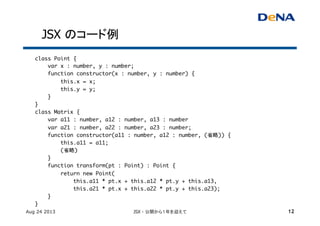 JSX のコード例	
class Point {	
var x : number, y : number;	
function constructor(x : number, y : number) {	
this.x = x;	
this.y = y;	
}	
}	
class Matrix {	
var a11 : number, a12 : number, a13 : number	
var a21 : number, a22 : number, a23 : number;	
function constructor(a11 : number, a12 : number, (省略)) {	
this.a11 = a11;	
(省略)	
}	
function transform(pt : Point) : Point {	
return new Point(	
this.a11 * pt.x + this.a12 * pt.y + this.a13,	
this.a21 * pt.x + this.a22 * pt.y + this.a23);	
}	
}	
Aug 24 2013 JSX - 公開から１年を迎えて 12
 
