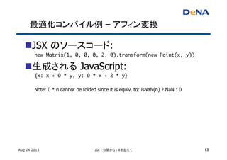 最適化コンパイル例 – アフィン変換	
n JSX のソースコード:
new Matrix(1, 0, 0, 0, 2, 0).transform(new Point(x, y))	
n 生成される JavaScript:
{x: x + 0 * y, y: 0 * x + 2 * y}	
	
Note: 0 * n cannot be folded since it is equiv. to: isNaN(n) ? NaN : 0
Aug 24 2013 JSX - 公開から１年を迎えて 13
 