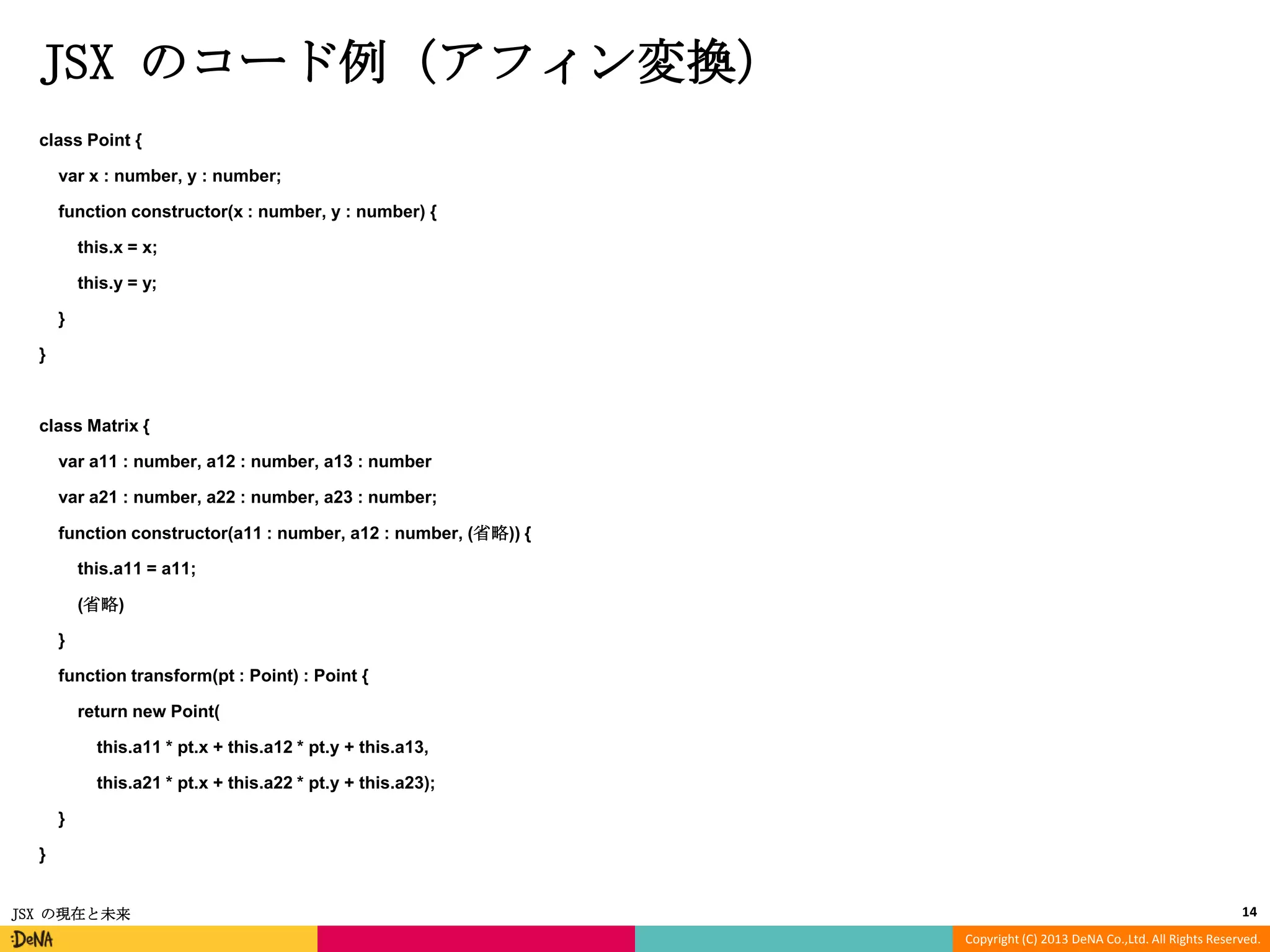 JSX のコード例（アフィン変換）
class Point {
var x : number, y : number;
function constructor(x : number, y : number) {
this.x = x;
this.y = y;
}
}

class Matrix {
var a11 : number, a12 : number, a13 : number
var a21 : number, a22 : number, a23 : number;
function constructor(a11 : number, a12 : number, (省略)) {
this.a11 = a11;
(省略)
}
function transform(pt : Point) : Point {
return new Point(
this.a11 * pt.x + this.a12 * pt.y + this.a13,
this.a21 * pt.x + this.a22 * pt.y + this.a23);
}
}
JSX の現在と未来

14
Copyright (C) 2013 DeNA Co.,Ltd. All Rights Reserved.

 