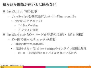 組み込み関数が速いとは限らない
 JavaScript VMの仕事
⁃ JavaScriptを機械語にJust-In-Time compile
•

使われるテクニック:
⁃ Inline Caching
⁃ インライン展開

 JavaScriptからC++コードを呼ぶのは遅い（逆も同様）

⁃ C++側で様々なチェックが必要
•

引数の数や型の確認等

•

言語をまたいだInline Cachingやインライン展開は無理

⁃ C++コードは静的にコンパイルされているため

JSX 速さの秘密 - 高速なJavaScriptを書く方法

21
Copyright (C) 2013 DeNA Co.,Ltd. All Rights Reserved.

 