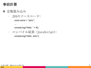 事前計算
 定数畳み込み
⁃ JSXのソースコード:
const name = ”John”;
…
console.log(”Hello, ” + N);

⁃ コンパイル結果 (JavaScript):
console.log(”Hello, John”);

JSX 速さの秘密 - 高速なJavaScriptを書く方法

27
Copyright (C) 2013 DeNA Co.,Ltd. All Rights Reserved.

 