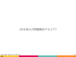JSXを使えば問題解決するよ!!!

JSX 速さの秘密 - 高速なJavaScriptを書く方法

34
Copyright (C) 2013 DeNA Co.,Ltd. All Rights Reserved.

 