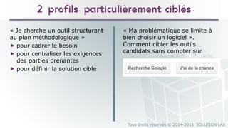 Tous droits réservés © 2014-2015 SOLUTION LAB
2 profils particulièrement ciblés
« Ma problématique se limite à
bien choisir un logiciel ».
Comment cibler les outils
candidats sans compter sur
« Je cherche un outil structurant
au plan méthodologique »
 pour cadrer le besoin
 pour centraliser les exigences
des parties prenantes
 pour définir la solution cible
 
