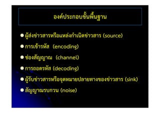 องค์ประกอบขั้นพื้นฐานองคประกอบขนพนฐาน
 ผู้ส่งข่าวสารหรือแหล่งกําเนิดข่าวสาร (source)
้ ั การเข้ารหัส (encoding)
 ช่องสัญญาณ ( h l) ชองสญญาณ (channel)
 การถอดรหัส (decoding) การถอดรหส (decoding)
 ผู้รับข่าวสารหรือจุดหมายปลายทางของข่าวสาร (sink)ู ุ
 สัญญาณรบกวน (noise)
 