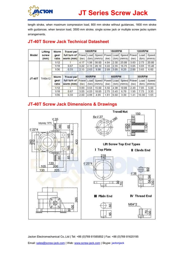 Jt 40 t screw jack efficiency, 40 ton screw jack engineering drawing, 40 tonnes screw jack force