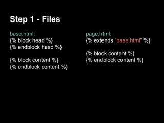 Step 1 - Files 
base.html: 
{% block head %} 
{% endblock head %} 
{% block content %} 
{% endblock content %} 
page.html: 
{% extends base.html %} 
{% block content %} 
{% endblock content %} 
 