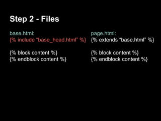 Step 2 - Files 
base.html: 
{% include base_head.html %} 
{% block content %} 
{% endblock content %} 
page.html: 
{% extends base.html %} 
{% block content %} 
{% endblock content %} 
 