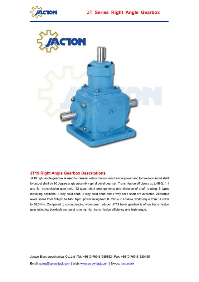 Jt19 1 to 1 ratio right angle gearbox,vertical power in horizontal