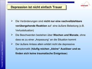 Copyright:BündnisgegenDepressione.V.
Depression ist nicht einfach TrauerDepression ist nicht einfach Trauer
 Die Veränderungen sind nicht nur eine nachvollziehbare
vorübergehende Reaktion auf eine äußere Belastung (z.B.
Verlustsituation)
 Die Beschwerden bestehen über Wochen und Monate, ohne
dass es zu einer „Anpassung“ an die Situation kommt
 Der äußere Anlass allein erklärt nicht die depressive
Symptomatik (häufig reichen „kleine“ Auslöser und es
finden sich keine traumatische Ereignisse)
 
