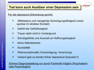 Copyright:BündnisgegenDepressione.V.
 Affektstarre und mangelnde Schwingungsfähigkeit (meist
spürbar im direkten Kontakt)
 Gefühl der Gefühllosigkeit
 Trauer steht nicht in Vordergrund
 Schuldgefühle und Ausmaß an Hoffnungslosigkeit
 keine Ablenkbarkeit
 Suizidalität
 Wahnsymptomatik (Versündigung, Verarmung)
 Verlauf (gab es bereits früher depressive Episoden?)
Für die depressive Erkrankung spricht:
Tod kann auch Auslöser einer Depression seinTod kann auch Auslöser einer Depression sein
Sichere Diagnosestellung nur durch Fachkraft möglich (PsychiaterIn
oder PsychologIn)!
 