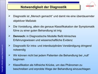 Copyright:BündnisgegenDepressione.V.
Notwendigkeit der DiagnostikNotwendigkeit der Diagnostik
 Diagnostik ist „Mensch gemacht“ und damit nie eine überdauernder
objektiver Maßstab
 Die Vorstellung, allein die genaue Klassifikakation der Symptomatik
führe zu einer guten Behandlung ist irrig
 Dennoch: in Diagnostische Modelle fließt klinisches
Erfahrungswissen und wissenschaftliche Evidenz
 Diagnostik für intra- und interdisziplinäre Verständigung dringend
notwendig
 Wir können nicht bei jedem Patienten die Behandlung bei „null“
beginnen
 Klassifikation als hilfreiche Krücke, um das Phänomen zu
beschreiben und erprobte Wege der Behandlung einzuschlagen
 