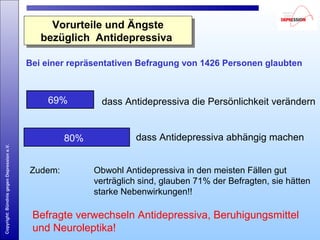 Copyright:BündnisgegenDepressione.V.
dass Antidepressiva abhängig machen80%
Vorurteile und Ängste
bezüglich Antidepressiva
Vorurteile und Ängste
bezüglich Antidepressiva
Bei einer repräsentativen Befragung von 1426 Personen glaubten
69% dass Antidepressiva die Persönlichkeit verändern
Zudem: Obwohl Antidepressiva in den meisten Fällen gut
verträglich sind, glauben 71% der Befragten, sie hätten
starke Nebenwirkungen!!
Befragte verwechseln Antidepressiva, Beruhigungsmittel
und Neuroleptika!
 
