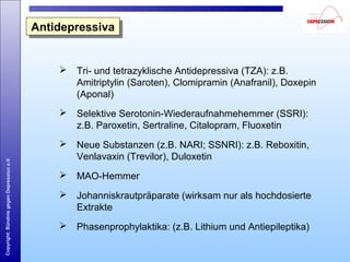 Copyright:BündnisgegenDepressione.V.
 Tri- und tetrazyklische Antidepressiva (TZA): z.B.
Amitriptylin (Saroten), Clomipramin (Anafranil), Doxepin
(Aponal)
 Selektive Serotonin-Wiederaufnahmehemmer (SSRI):
z.B. Paroxetin, Sertraline, Citalopram, Fluoxetin
 Neue Substanzen (z.B. NARI; SSNRI): z.B. Reboxitin,
Venlavaxin (Trevilor), Duloxetin
 MAO-Hemmer
 Johanniskrautpräparate (wirksam nur als hochdosierte
Extrakte
 Phasenprophylaktika: (z.B. Lithium und Antiepileptika)
AntidepressivaAntidepressiva
 