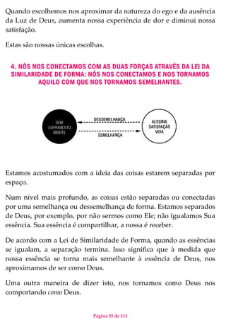 Página 35 de 113
Quando escolhemos nos aproximar da natureza do ego e da ausência
da Luz de Deus, aumenta nossa experiência de dor e diminui nossa
satisfação.
Estas são nossas únicas escolhas.
4. NÓS NOS CONECTAMOS COM AS DUAS FORÇAS ATRAVÉS DA LEI DA
SIMILARIDADE DE FORMA: NÓS NOS CONECTAMOS E NOS TORNAMOS
AQUILO COM QUE NOS TORNAMOS SEMELHANTES.
Estamos acostumados com a ideia das coisas estarem separadas por
espaço.
Num nível mais profundo, as coisas estão separadas ou conectadas
por uma semelhança ou dessemelhança de forma. Estamos separados
de Deus, por exemplo, por não sermos como Ele; não igualamos Sua
essência. Sua essência é compartilhar, a nossa é receber.
De acordo com a Lei de Similaridade de Forma, quando as essências
se igualam, a separação termina. Isso significa que à medida que
nossa essência se torna mais semelhante à essência de Deus, nos
aproximamos de ser como Deus.
Uma outra maneira de dizer isto, nos tornamos como Deus nos
comportando como Deus.
 