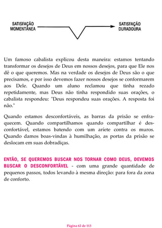 Página 62 de 113
Um famoso cabalista explicou desta maneira: estamos tentando
transformar os desejos de Deus em nossos desejos, para que Ele nos
dê o que queremos. Mas na verdade os desejos de Deus são o que
precisamos, e por isso devemos fazer nossos desejos se conformarem
aos Dele. Quando um aluno reclamou que tinha rezado
repetidamente, mas Deus não tinha respondido suas orações, o
cabalista respondeu: "Deus respondeu suas orações. A resposta foi
não."
Quando estamos desconfortáveis, as barras da prisão se enfra-
quecem. Quando compartilhamos quando compartilhar é des-
confortável, estamos batendo com um aríete contra os muros.
Quando damos boas-vindas à humilhação, as portas da prisão se
deslocam em suas dobradiças.
ENTÃO, SE QUEREMOS BUSCAR NOS TORNAR COMO DEUS, DEVEMOS
BUSCAR O DESCONFORTÁVEL - com uma grande quantidade de
pequenos passos, todos levando à mesma direção: para fora da zona
de conforto.
 