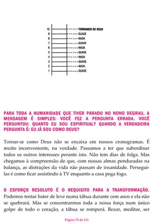 Página 75 de 113
PARA TODA A HUMANIDADE QUE TIVER PARADO NO NONO DEGRAU, A
MENSAGEM É SIMPLES: VOCÊ FEZ A PERGUNTA ERRADA. VOCÊ
PERGUNTOU: QUANTO EU SOU ESPIRITUAL? QUANDO A VERDADEIRA
PERGUNTA É: EU JÁ SOU COMO DEUS?
Tornar-se como Deus não se encaixa em nossos cronogramas. É
muito inconveniente, na verdade. Passamos a ter que subordinar
todos os outros interesses perante isto. Não tem dias de folga. Mas
chegamos à compreensão de que, com nossas almas penduradas na
balança, as distrações da vida não passam de insanidade. Persegui-
las é como ficar assistindo à TV enquanto a casa pega fogo.
O ESFORÇO RESOLUTO É O REQUISITO PARA A TRANSFORMAÇÃO.
Podemos tentar bater de leve numa tábua durante cem anos e ela não
se quebrará. Mas se concentrarmos toda a nossa força num único
golpe de todo o coração, a tábua se romperá. Rezar, meditar, ser
 