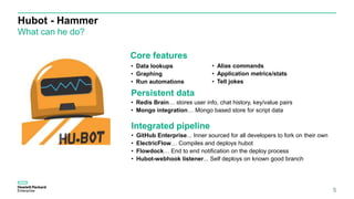 Hubot - Hammer
What can he do?
5
Core features
Persistent data
• Redis Brain… stores user info, chat history, key/value pairs
• Mongo integration… Mongo based store for script data
Integrated pipeline
• GitHub Enterprise... Inner sourced for all developers to fork on their own
• ElectricFlow… Compiles and deploys hubot
• Flowdock… End to end notification on the deploy process
• Hubot-webhook listener... Self deploys on known good branch
• Data lookups
• Graphing
• Run automations
• Alias commands
• Application metrics/stats
• Tell jokes
 