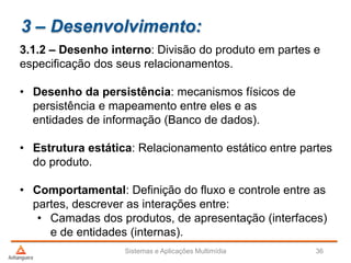3 – Desenvolvimento:
3.1.2 – Desenho interno: Divisão do produto em partes e
especificação dos seus relacionamentos.
• Desenho da persistência: mecanismos físicos de
persistência e mapeamento entre eles e as
entidades de informação (Banco de dados).
• Estrutura estática: Relacionamento estático entre partes
do produto.
• Comportamental: Definição do fluxo e controle entre as
partes, descrever as interações entre:
• Camadas dos produtos, de apresentação (interfaces)
e de entidades (internas).
Sistemas e Aplicações Multimídia 36
 