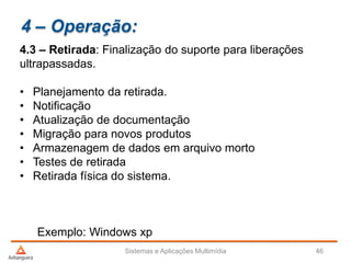 4 – Operação:
4.3 – Retirada: Finalização do suporte para liberações
ultrapassadas.
• Planejamento da retirada.
• Notificação
• Atualização de documentação
• Migração para novos produtos
• Armazenagem de dados em arquivo morto
• Testes de retirada
• Retirada física do sistema.
Exemplo: Windows xp
Sistemas e Aplicações Multimídia 46
 