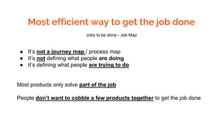 ● It’s not a journey map / process map
● It’s not defining what people are doing
● It’s defining what people are trying to do
Most products only solve part of the job
People don’t want to cobble a few products together to get the job done
Most efficient way to get the job done
Jobs to be done - Job Map
 