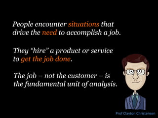 They “hire” a product or service
to get the job done.
Prof	
  Clayton	
  Christensen	
  
People encounter situations that
...