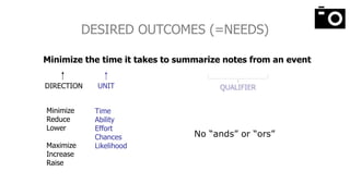 Minimize the time it takes to summarize notes from an event
Minimize
Reduce
Lower
Maximize
Increase
Raise
Time
Ability
Effort
Chances
Likelihood
DIRECTION UNIT QUALIFIER
DESIRED OUTCOMES (=NEEDS)
No “ands” or “ors”
 