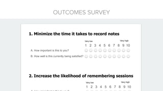 1. Minimize the time it takes to record notes
1 2 3 4 5 6 7 8 9 10
Very low Very high
A. How important is this to you?
B. How well is this currently being satisfied?
2. Increase the likelihood of remembering sessions
1 2 3 4 5 6 7 8 9 10
Very low Very high
 