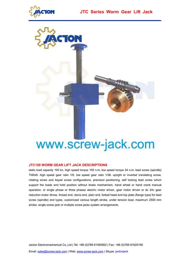 Jtc150 worm gear screw lifter,150 kn axially translating screw jack,15t