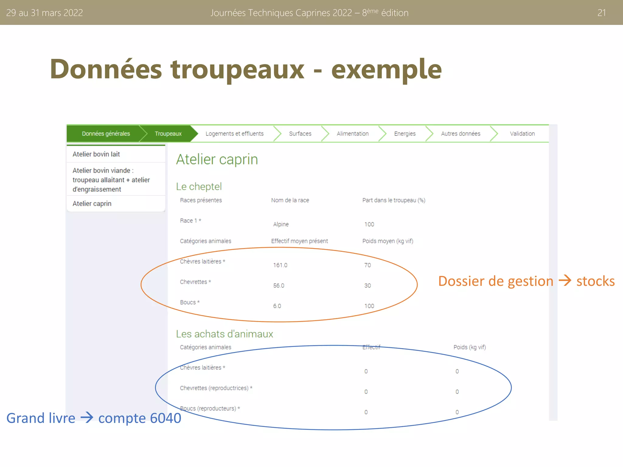 Données troupeaux - exemple
Journées Techniques Caprines 2022 – 8ème édition 21
29 au 31 mars 2022
Dossier de gestion → stocks
Grand livre → compte 6040
 