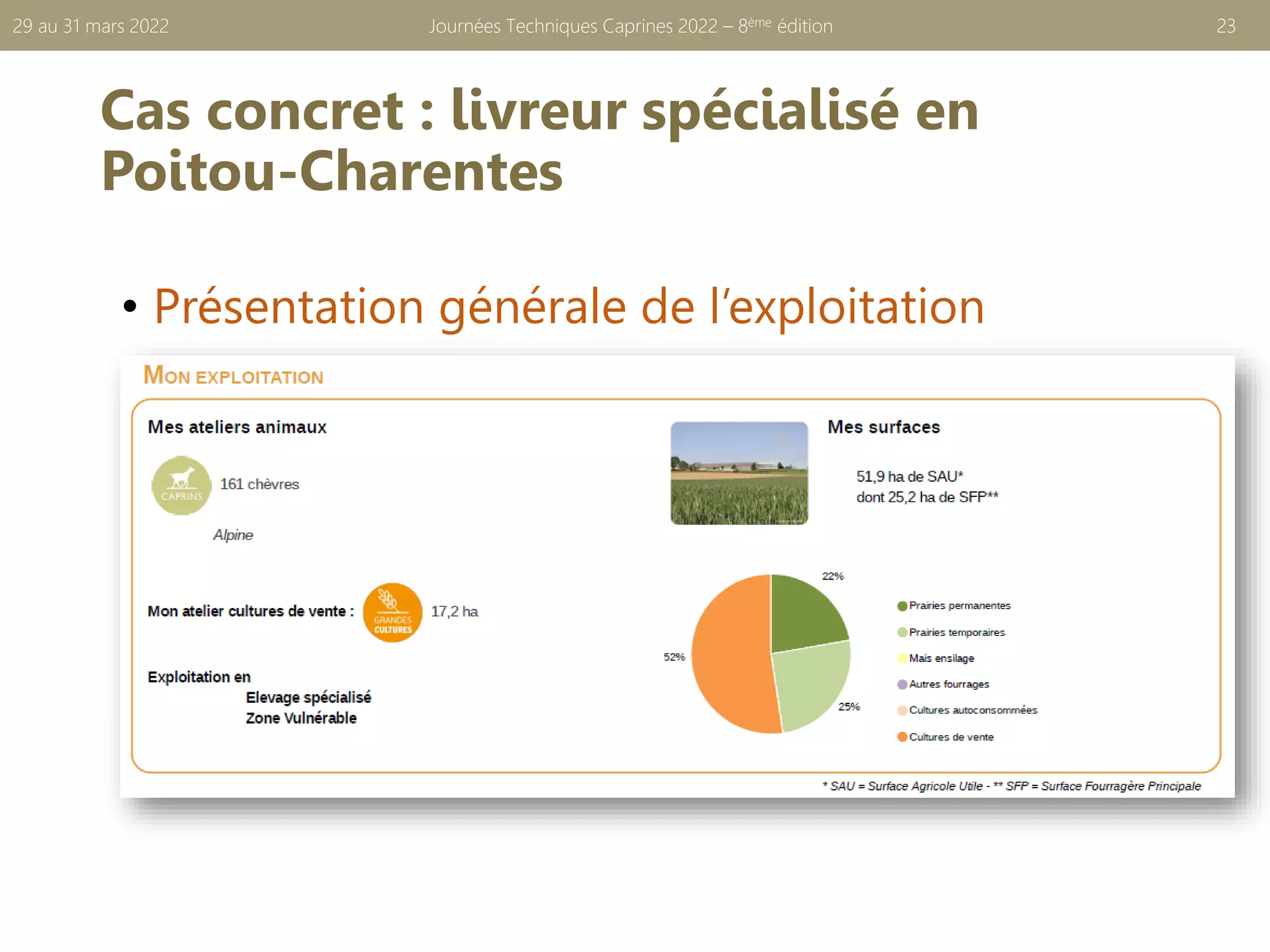 Cas concret : livreur spécialisé en
Poitou-Charentes
Journées Techniques Caprines 2022 – 8ème édition 23
29 au 31 mars 2022
• Présentation générale de l’exploitation
 