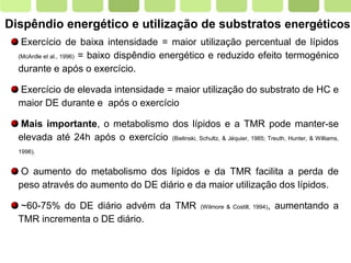 Page  10
Dispêndio energético e utilização de substratos energéticos
Exercício de baixa intensidade = maior utilização percentual de lípidos
(McArdle et al., 1996) = baixo dispêndio energético e reduzido efeito termogénico
durante e após o exercício.
Exercício de elevada intensidade = maior utilização do substrato de HC e
maior DE durante e após o exercício
Mais importante, o metabolismo dos lípidos e a TMR pode manter-se
elevada até 24h após o exercício (Bielinski, Schultz, & Jéquier, 1985; Treuth, Hunter, & Williams,
1996).
O aumento do metabolismo dos lípidos e da TMR facilita a perda de
peso através do aumento do DE diário e da maior utilização dos lípidos.
~60-75% do DE diário advém da TMR (Wilmore & Costill, 1994), aumentando a
TMR incrementa o DE diário.
 