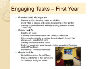 Engaging Tasks – First Year
 Preschool and Kindergarten
◦ Creating a video depicting proper social skills
◦ Using video to capture and explain the growing of their garden
◦ Creating a video of council meetings solving problems in their
“community”
 Grade 1s & 2s
◦ Creating an opera
◦ Capturing their own stories of their childhood memories
◦ Using a motion detector to capture the animal path through their
playground – possible fish pond
◦ Creating their own Creative Place
◦ Exploring an animal’s world through photographs at the Zoo & the
study of Polar Bears
◦ Storytelling – childhood memories
 Grade 3s & 4s
◦ Global Citizenship – Bengal Tigers
◦ History and stories of their community
◦ Storytelling – Immigrant stories
 