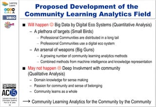 Lehrstuhl Informatik 5
(Information Systems)
Prof. Dr. M. Jarke
16
Learning
Layers
Proposed Development of the
Community Learning Analytics Field
■  Will happen J Big Data by Digital Eco Systems (Quantitative Analysis)
–  A plethora of targets (Small Birds)
–  Professional Communities are distributed in a long tail
–  Professional Communities use a digital eco system
–  An arsenal of weapons (Big Guns)
–  A growing number of community learning analytics methods
–  Combined methods from machine intelligence and knowledge representation
■  May not happen L Deep Involvment with community
(Qualitative Analysis)
–  Domain knowledge for sense making
–  Passion for community and sense of belonging
–  Community learns as a whole
→ Community Learning Analytics for the Community by the Community
 