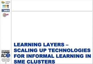 Lehrstuhl Informatik 5
(Information Systems)
Prof. Dr. M. Jarke
28
Learning
Layers
LEARNING LAYERS –
SCALING UP TECHNOLOGIES
FOR INFORMAL LEARNING IN
SME CLUSTERS
 