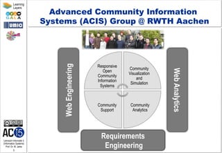Lehrstuhl Informatik 5
(Information Systems)
Prof. Dr. M. Jarke
3
Learning
Layers
Responsive
Open
Community
Information
Systems
Community
Visualization
and
Simulation
Community
Analytics
Community
Support
WebAnalytics
WebEngineering
Advanced Community Information
Systems (ACIS) Group @ RWTH Aachen
Requirements
Engineering
 