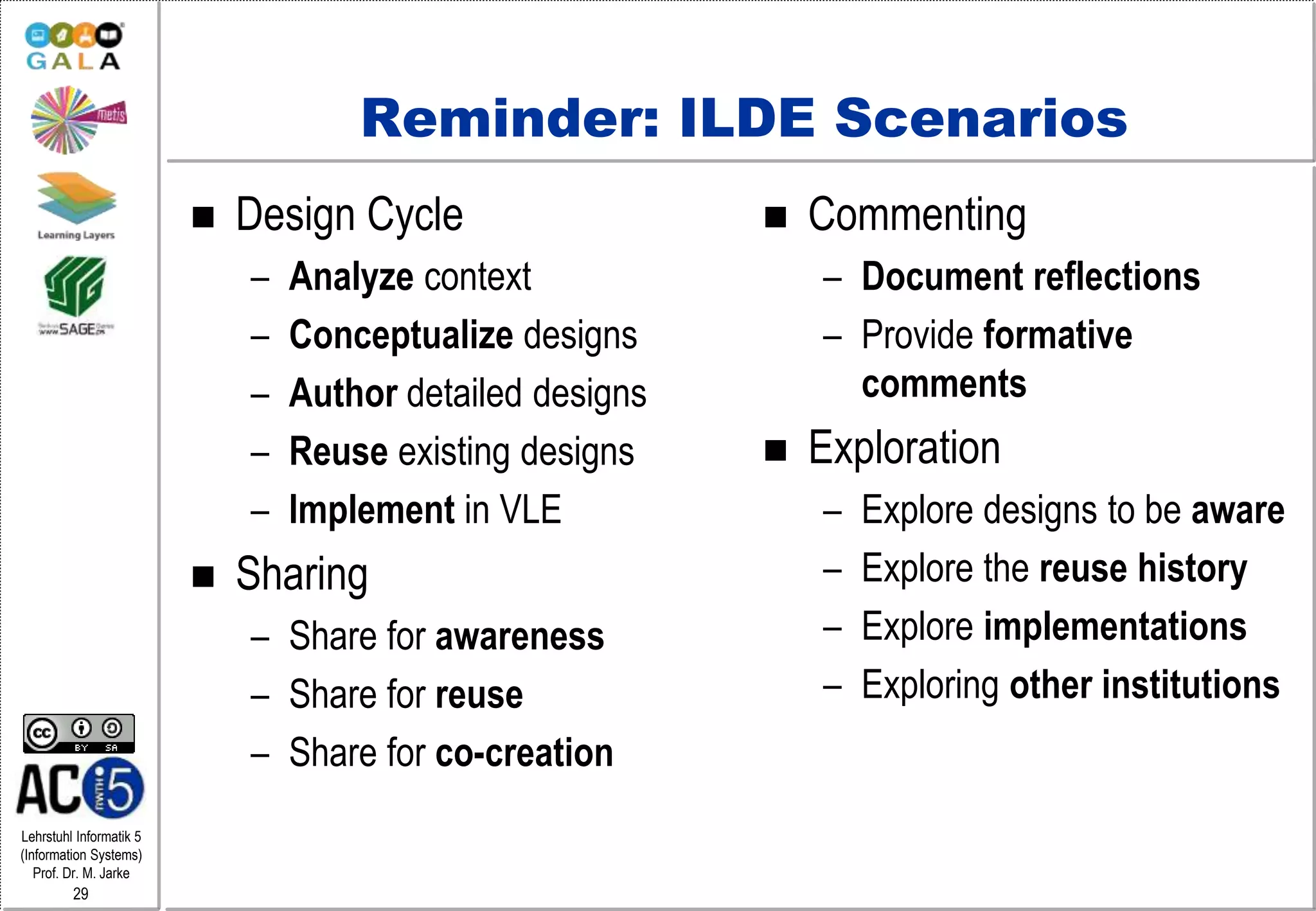Lehrstuhl Informatik 5
(Information Systems)
Prof. Dr. M. Jarke
29
Reminder: ILDE Scenarios
 Design Cycle
– Analyze context
– Conceptualize designs
– Author detailed designs
– Reuse existing designs
– Implement in VLE
 Sharing
– Share for awareness
– Share for reuse
– Share for co-creation
 Commenting
– Document reflections
– Provide formative
comments
 Exploration
– Explore designs to be aware
– Explore the reuse history
– Explore implementations
– Exploring other institutions
 