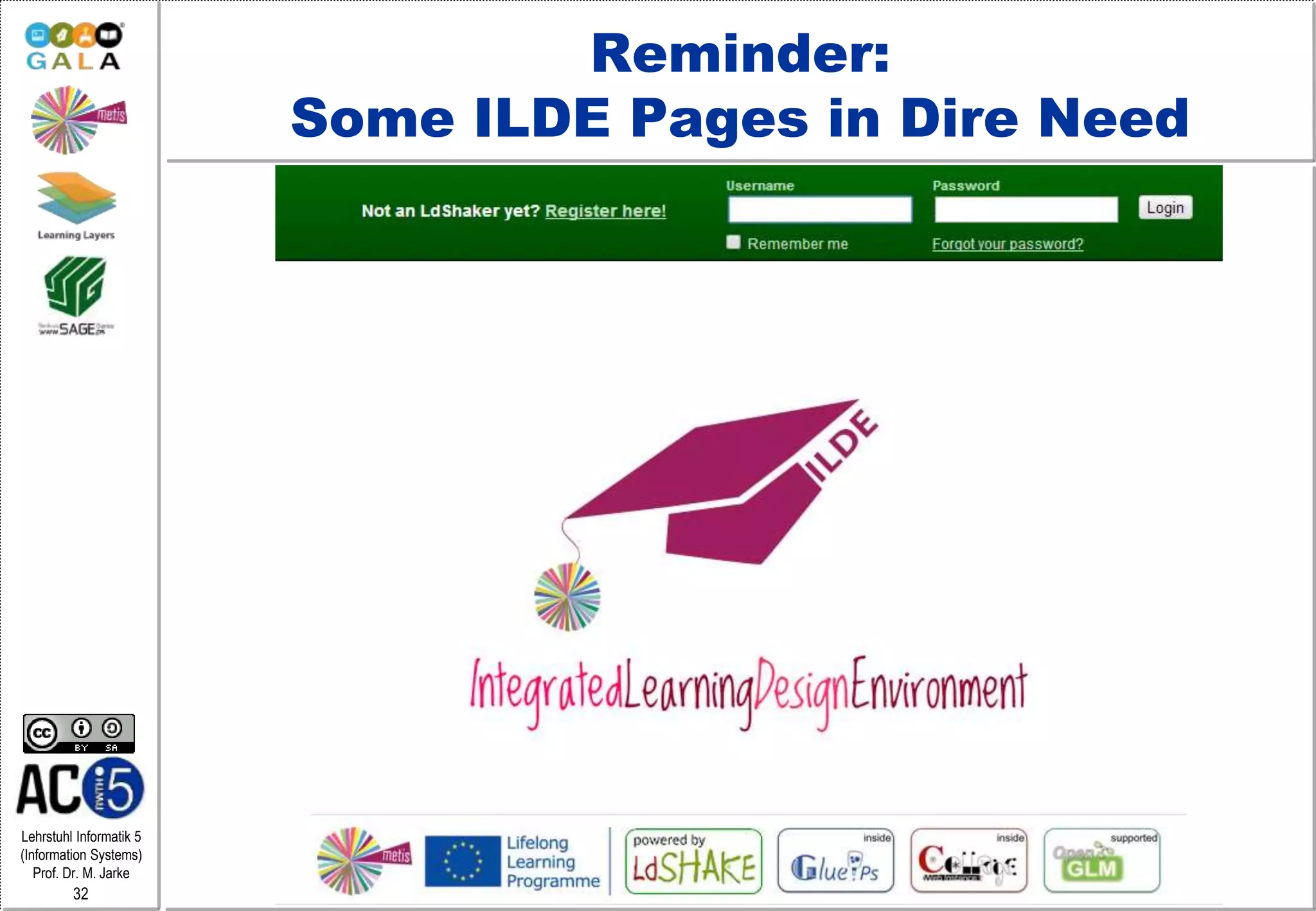 Lehrstuhl Informatik 5
(Information Systems)
Prof. Dr. M. Jarke
32
Reminder:
Some ILDE Pages in Dire Need
 