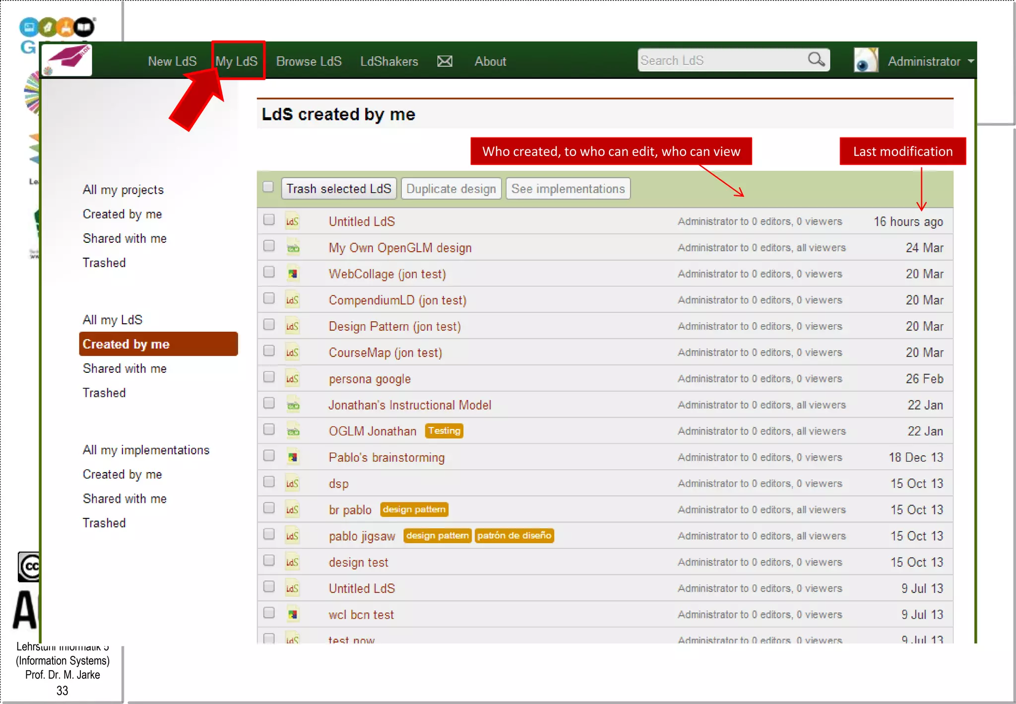 Lehrstuhl Informatik 5
(Information Systems)
Prof. Dr. M. Jarke
33
Who created, to who can edit, who can view Last modification
 