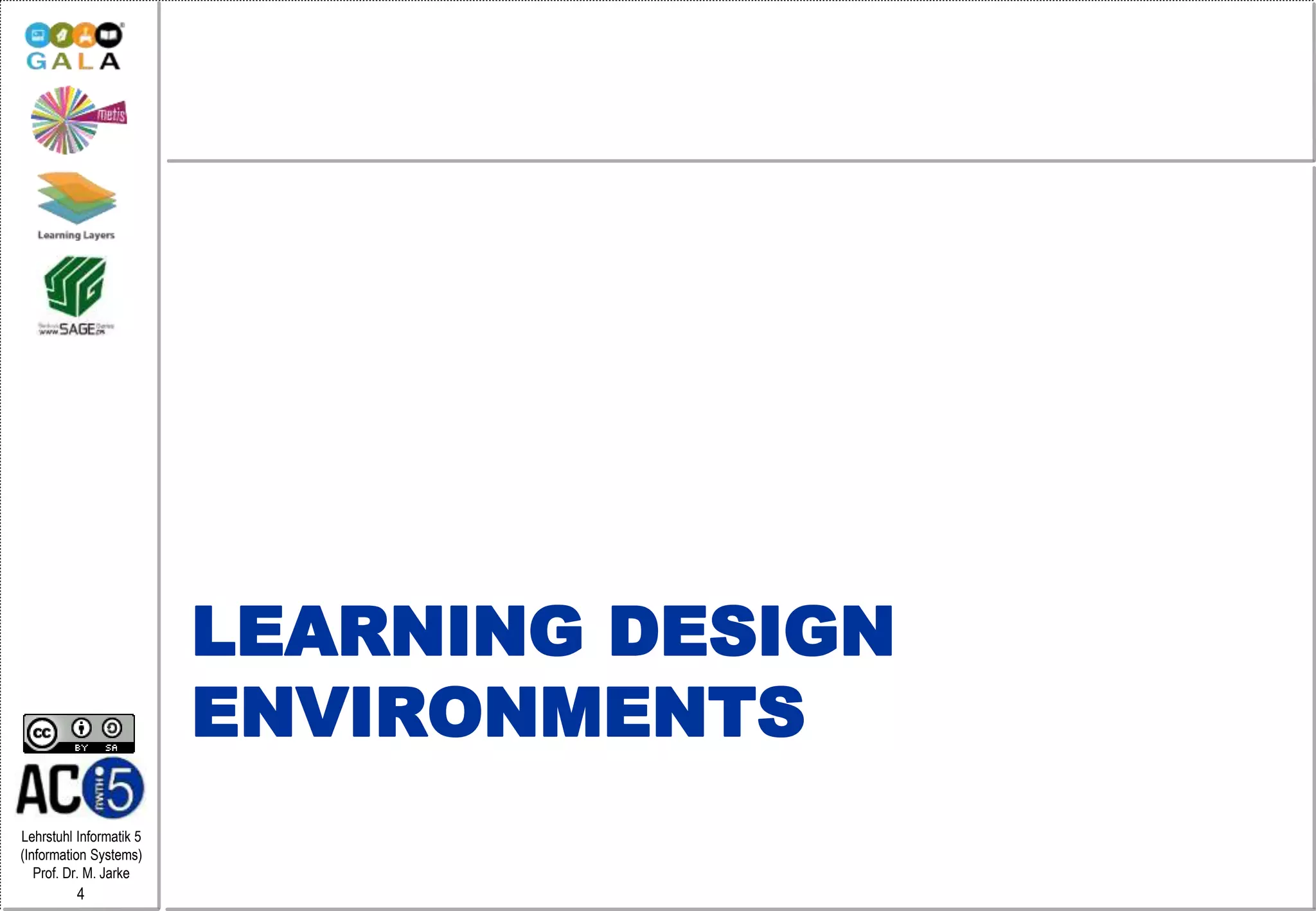 Lehrstuhl Informatik 5
(Information Systems)
Prof. Dr. M. Jarke
4
LEARNING DESIGN
ENVIRONMENTS
 