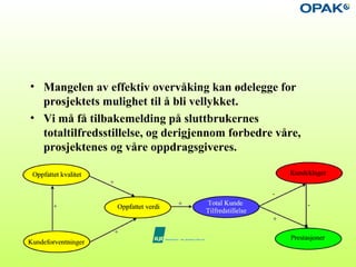 • Mangelen av effektiv overvåking kan ødelegge for
prosjektets mulighet til å bli vellykket.
• Vi må få tilbakemelding på sluttbrukernes
totaltilfredsstillelse, og derigjennom forbedre våre,
prosjektenes og våre oppdragsgiveres.
 