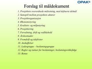 Forslag til måldokumentForslag til måldokument
1. Prosjektets overordnede målsetning, med definerte delmål
2. Samspill mellom prosjektets aktører
3. Prosjektorganisasjon
4. Økonomistyring
5. Kvalitets- og miljøstyring
6. Prosjektering
7. Forvaltning, drift og vedlikehold
8. Årskostnader
9. Fremdrift og tidsfrister
10. Anskaffelser
11. Ledergruppe – beslutningsgruppe
12. Regler og rutiner for beslutninger, beslutningsrekkefølge
13. Bonus
 