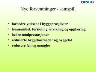 Nye forventninger - samspillNye forventninger - samspill
• forbedre ytelsene i byggeprosjekter
• lønnsomhet, forskning, utvikling og opplæring
• bedre totalprestasjoner
• reduserte byggekostnader og byggetid
• redusere feil og mangler
 