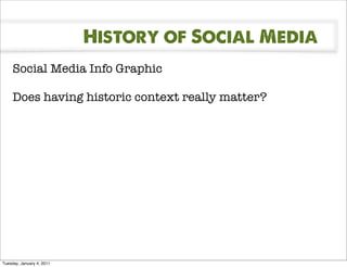 History of Social Media
     Social Media Info Graphic

     Does having historic context really matter?




Tuesday, January 4, 2011
 