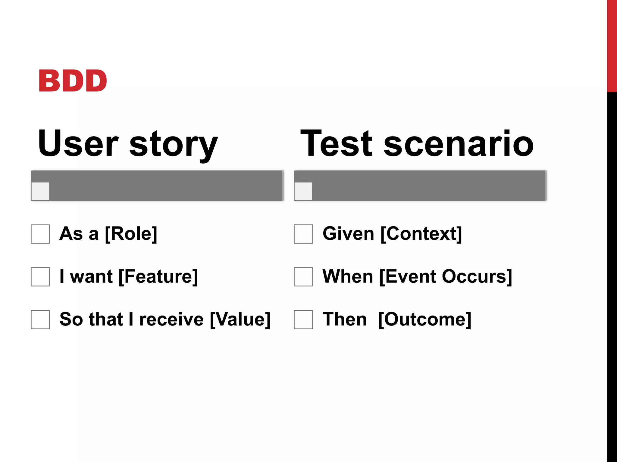 BDD
User story
As a [Role]
I want [Feature]
So that I receive [Value]
Test scenario
Given [Context]
When [Event Occurs]
Then [Outcome]
 