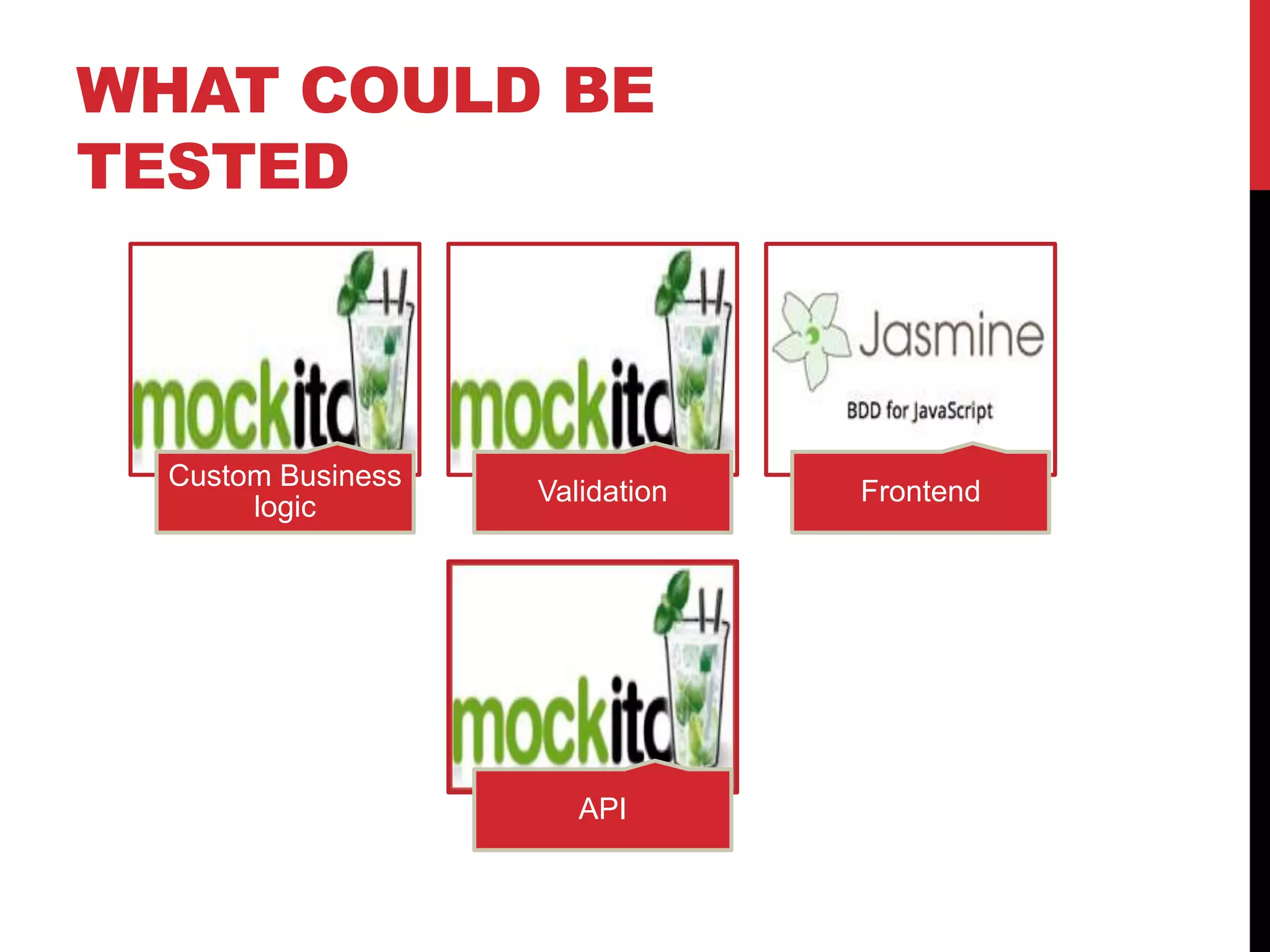 WHAT COULD BE
TESTED
Custom Business
logic
Validation Frontend
API
 