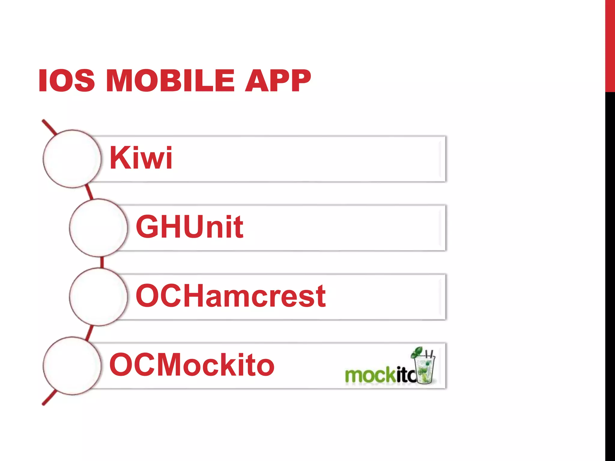 IOS MOBILE APP
Kiwi
GHUnit
OCHamcrest
OCMockito
 