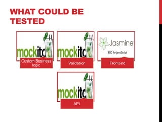 WHAT COULD BE
TESTED
Custom Business
logic
Validation Frontend
API
 