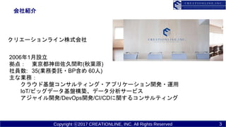 Copyright ?2017 CREATIONLINE, INC. All Rights Reserved
B
20061O
㣺 |g(~ԭ)
T: 35(IίӚ?BP 60)
ʘIգ
饦ɻP󥵥ƥ?ץꥱ`_k?\
IoT/ӥåǩ`PBǩ``ӥ
㥤_k/DevOps_k/CI/CDv륳󥵥ƥ
ꥨ`饤ʽ
3
 