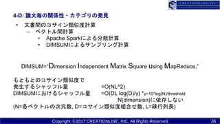 Copyright ?2017 CREATIONLINE, INC. All Rights Reserved
4-D: ՓĚvS?ƥΰkҊ
? ĕgΥƶӋ
C ٥ȥgӋ
? Apache SparkˤɢӋ
? DIMSUMˤ륵ץӋ
DIMSUM=Dimension Independent Matrix Square using MapReduce,
ȤȤΥƶȤ
k륷åե =O(NL^2)
DIMSUMˤ륷åե =O(DL log(D)/) *=10*log(N)/threshold
N(dimension)椷ʤ
(N=٥ȥδԪ, D=ƶȽMϤ, L=EL)
36
 