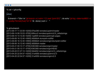 % cat ~/.gitconfig
...
[alias]
...
ls-branch = "!(for i in `git branch -a | colrm 1 2 | awk '{print $1}'` ; do echo `git log --date=iso8601 -n
1 --pretty='format:[%ai] %h' $i` $i ; done) | sort -r "
% git ls-branch
[2013-06-17 11:33:59 +0200] 67be380 remotes/upstrm/master
[2013-06-14 08:10:03 -0700] b99ccc2 remotes/upstrm/v2.0_refactorings
[2013-06-10 14:12:26 +0200] 1aa6fdf remotes/upstrm/gh-pages
[2013-06-06 16:12:40 +0900] 48566d4 stumpish-notifier
[2013-06-06 16:12:40 +0900] 48566d4 remotes/origin/stumpish-notifier
[2013-06-06 16:12:40 +0900] 48566d4 master
[2013-05-31 00:13:17 -0700] 6363368 remotes/origin/master
[2013-05-31 00:13:17 -0700] 6363368 remotes/origin/HEAD
[2013-05-22 01:27:14 +0200] fdbb652 remotes/origin/v2.0_refactorings
[2013-04-20 22:54:57 +0200] 31a4956 remotes/upstrm/v2.0
[2013-04-20 22:54:57 +0200] 31a4956 remotes/origin/v2.0
 
